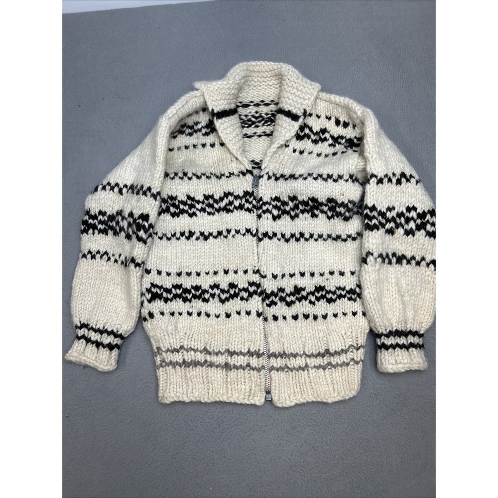 Vintage Homemade Icelandic Style Wool Sweater Zip Up Cardigan Knit‎ Cream Thick